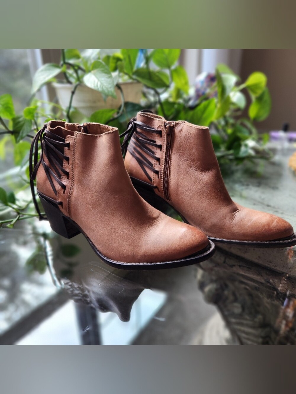 Corset Back Ankle Boots Womens Size 8 Brown Leather Lace Up Zip Made In Romania